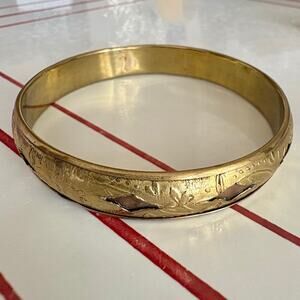 Vintage Etched Brass and Copper Bangle Bracelet, Cutout Design
